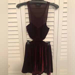 MINKPINK Deep Red Velvet Mini Dress With Mesh and Cut Outs